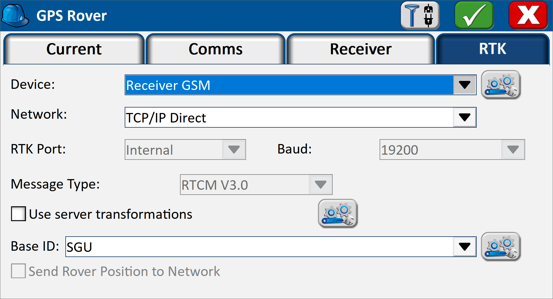 Receiver GSM selected as the device on the RTK tab