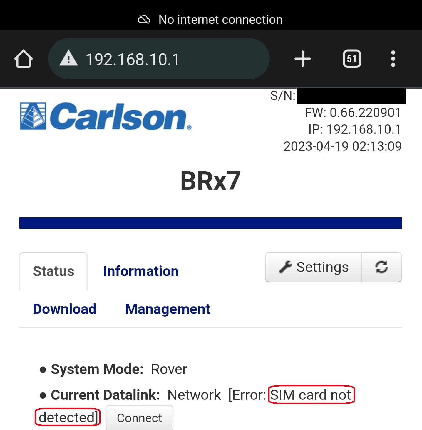 BRx7 WebUI showing SIM card not detected