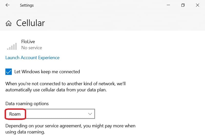 Cellular settings with Roam marked