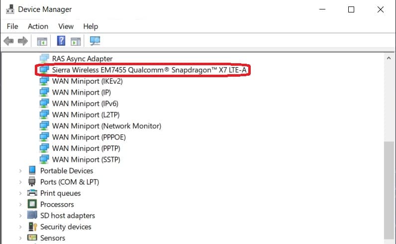 Uninstall Sierra Wireless drivers in Device Manager