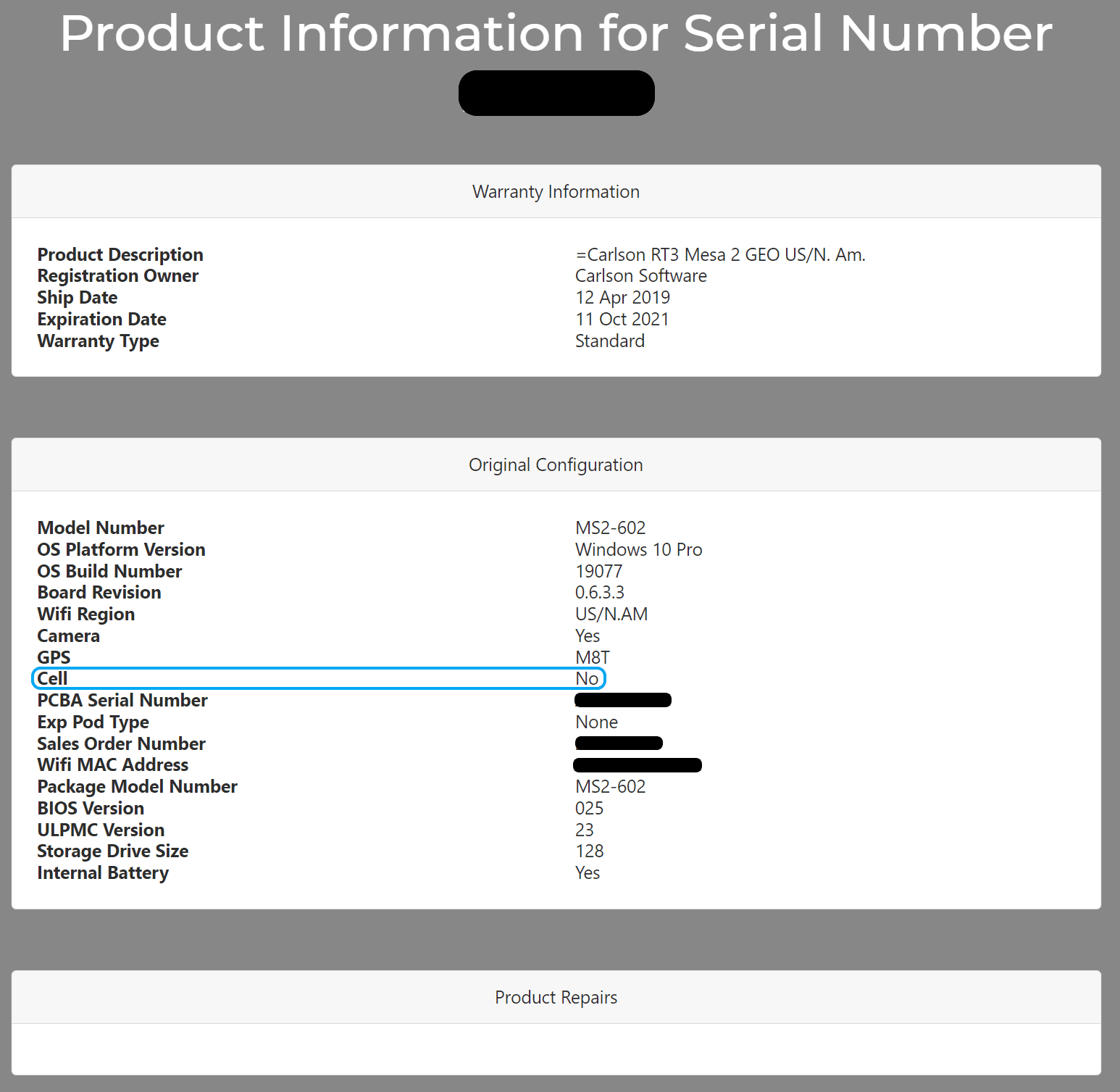 Serial number results