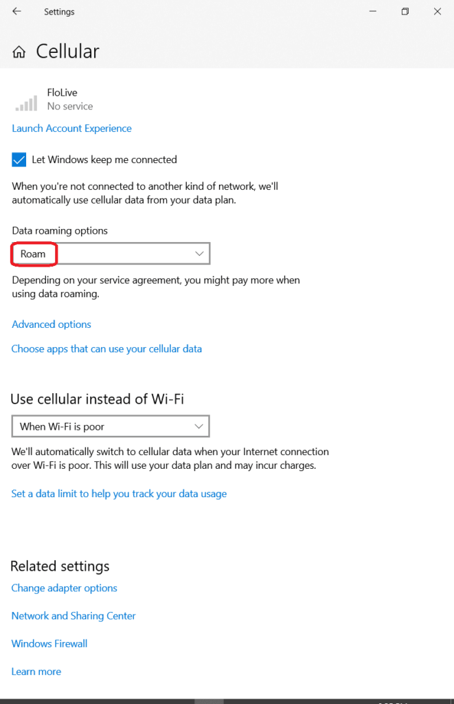 Cellular settings with Roam checked