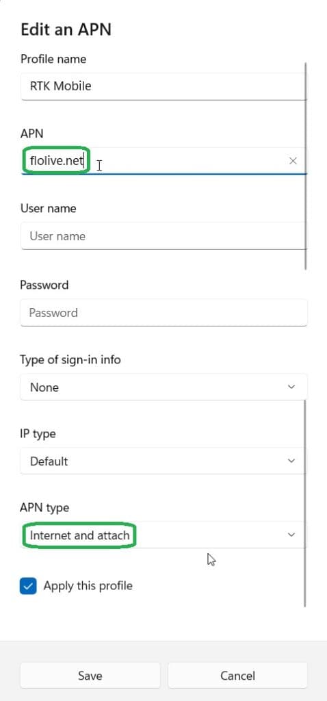 APN profile settings
