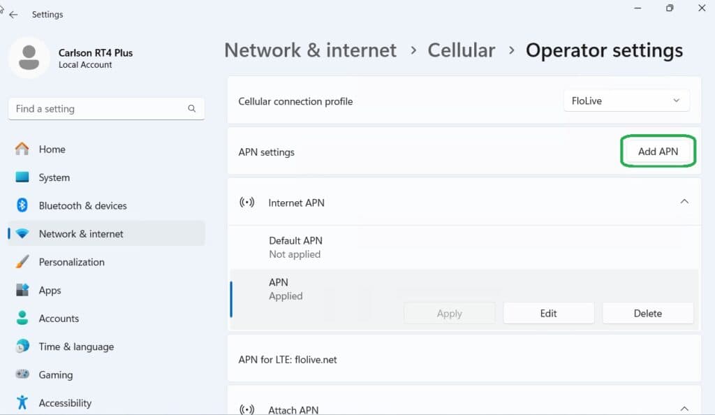 Add an APN in Advanced options