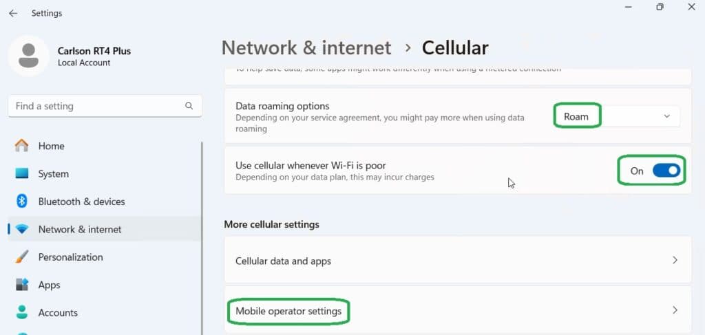 Cellular settings