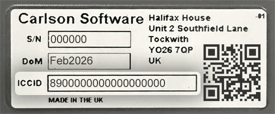 Carlson Washington DC label showing the serial number, ICCID, and QR code