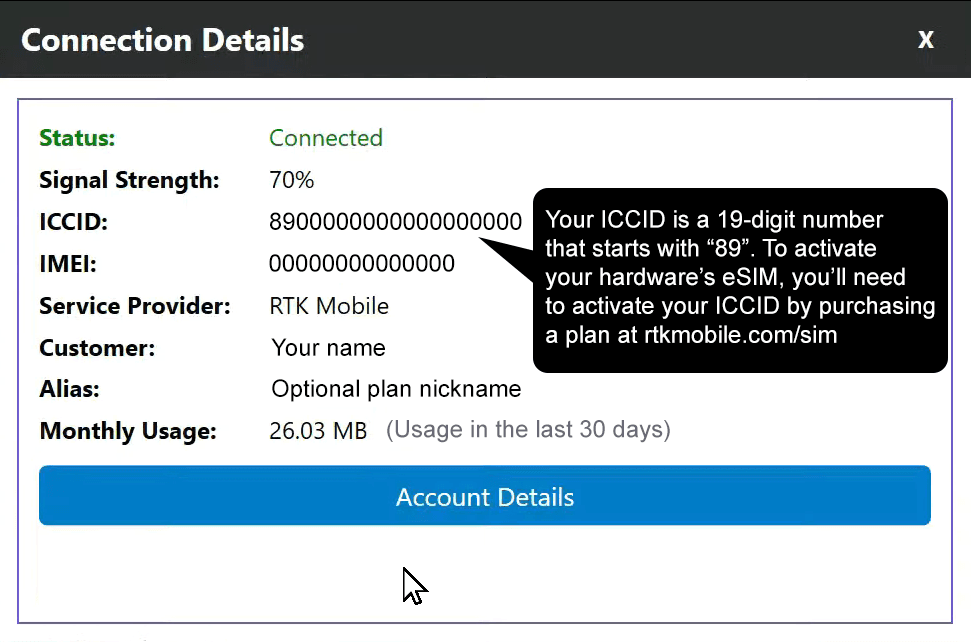 Connection Details dialog showing the ICCID