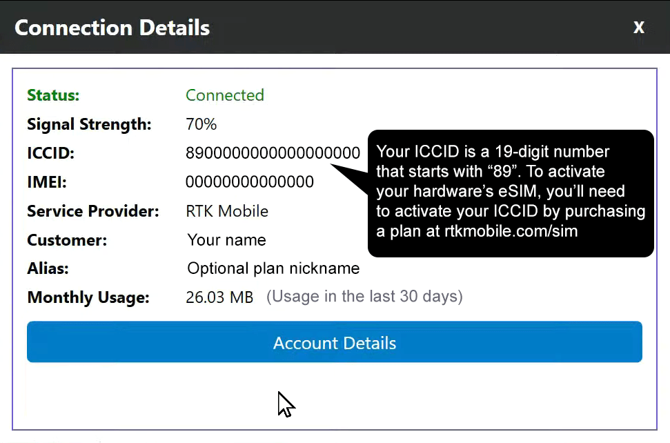 Connection Details dialog showing the ICCID