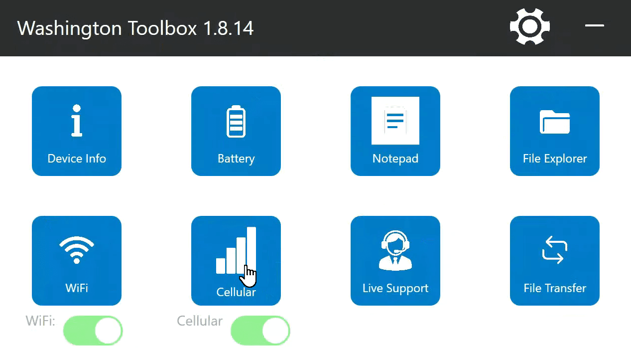 Washington Toolbox menu with the Cellular button highlighted